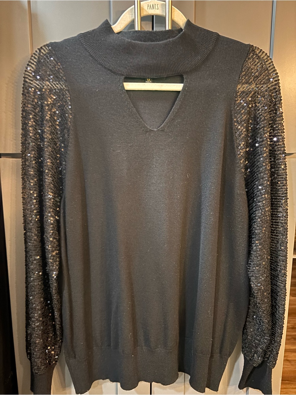 Joseph Black Cowl-Neck Sweater with Sequin Sleeve Detail